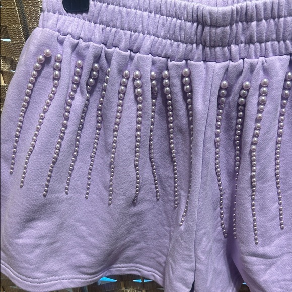 QUEEN OF SPARKLES Lavender High-Waist Studded Flutter Shorts - Picture 8 of 8